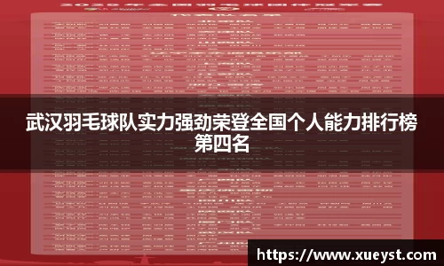 武汉羽毛球队实力强劲荣登全国个人能力排行榜第四名